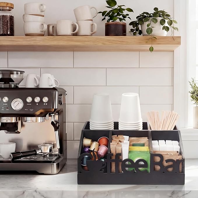 Coffee Station Organizer for Counter Wood Countertop Accessories Organizer Coffee Pods Holder Storage Basket for Pods Condiment Syrup Tea Cups Stirrers for Rustic Bar Decoration (Black)