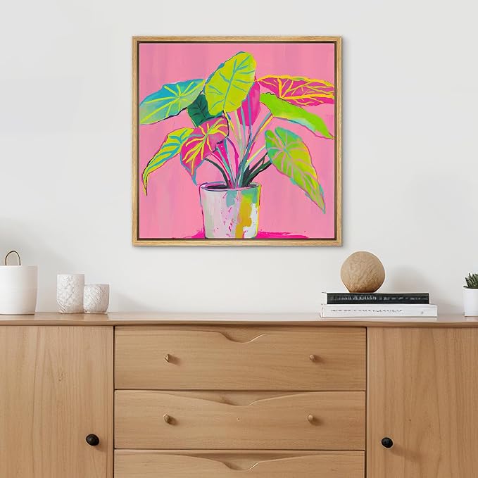 SIGNFORD Framed Canvas Print Wall Art Neon Tropical Plant Bold, Colorful Alocasia Plant Vintage Minimalist Modern Art Relax/Calm Warm for Living Room, Bedroom, Office - 24x24 Natural