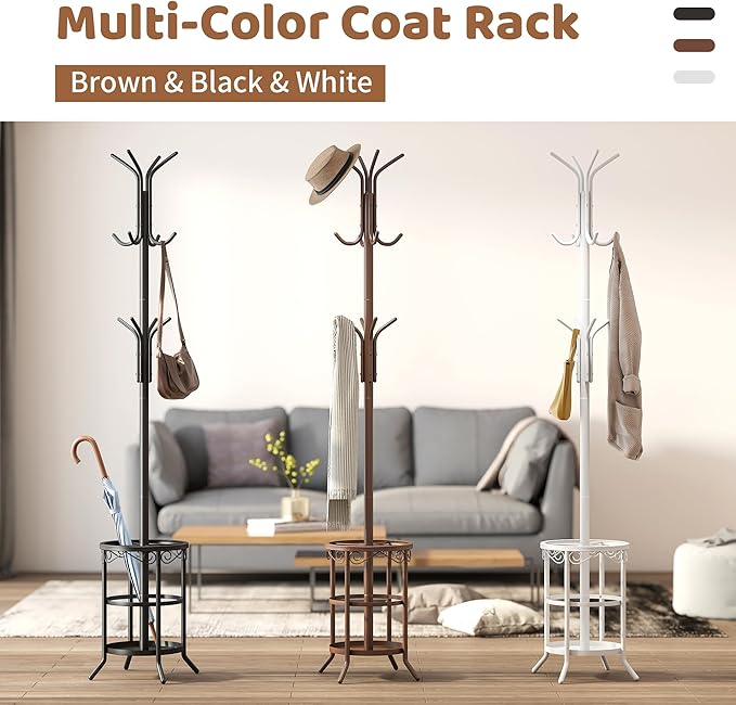 Coat Rack Freestanding with Umbrella Stand Coat Rack Stand with 12 Hooks Metal Coat Tree Coat and Hat Hanger Jacket Entryway(Black)