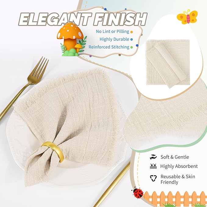 Showgeous 10 Pack Natural Cloth Napkins with Fringe 16x16 inch 100% Cotton Napkins Handmade Dinner Napkins Bulk Washable Soft Rustic Table Napkins for Wedding Parties Bridal Baby Shower