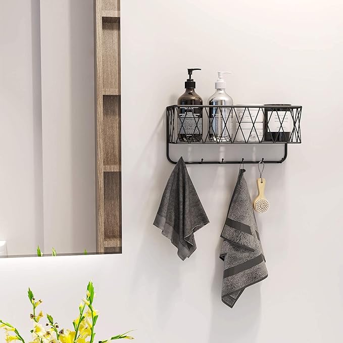 OROPY Entryway Mail Holder with Key Hooks, 14" L×4.7" W×6.5" H, Wall Mounted Matte Black Metal Wire Mesh Storage Basket with 6 Hooks, easy to Organize Letters, Magazines, Keys, Leashes for Entryway