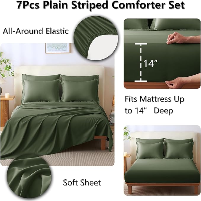 CozyLux King Size Comforter Sets - 7 Piece Bed in a Bag Olive Green Comforter Set with Sheets Luxury Bed Set All Seasons, Soft Bedding Set with Down Alternative Comforter, Sheets, Pillowcases & Shams