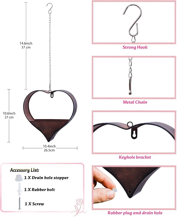 Metal Plant Hangers Indoor and Outdoor:Birthday Gifts for Mom Women Her Wife Garden Lovers - Heart Shape Hanging Planters for Window Wall Living Room Office Decor(Rustic)
