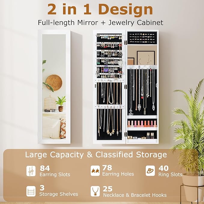 COSTWAY Full Length Mirror Jewelry Cabinet, Wall Door Mounted with Makeup Mirror, Ring Slots & Necklace Hooks, Large Storage Jewelry Armoire for Bedroom, Dressing Room (White)