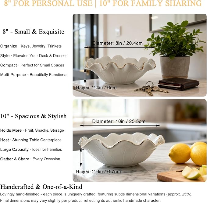Handcrafted 8" White Ceramic Ruffle Bowl with Gold Trim – Modern Lotus Design, Small Shallow Decorative Bowl for Kitchen Counter & Key Holder for Entryway Table, Catch-All for Home Decor