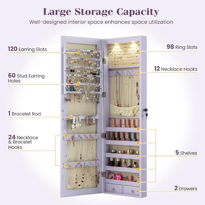 Giantex Wall or Door Mounted Jewelry Armoire with 47.5" Full Length Mirror, Lockable Cabinet with 2 LED Lights, 2 Drawers, Over the Door Large Jewelry Storage Organizer (Lavender)