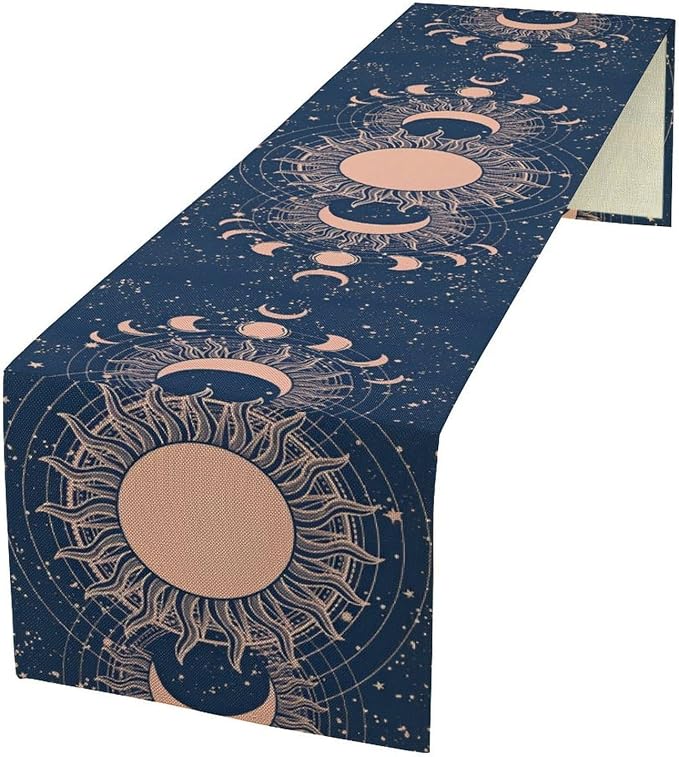 Moon Sun Table Runner, Mystical Blue Space Galaxy Moon Phase Boho Astrology Table Decoration Runner for Kitchen Dining Party Wedding Picnic, 13x120 Inch