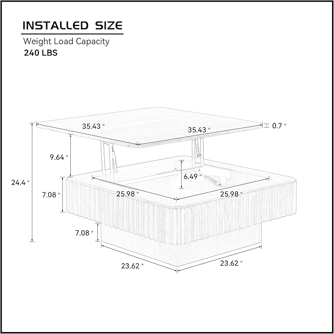 Square Storage Coffee Table with Lift Top for Living Room Office, Modern Fluted Coffee Table, 35.43" Wood Dining Center Tables with Large Hidden Space - Oak