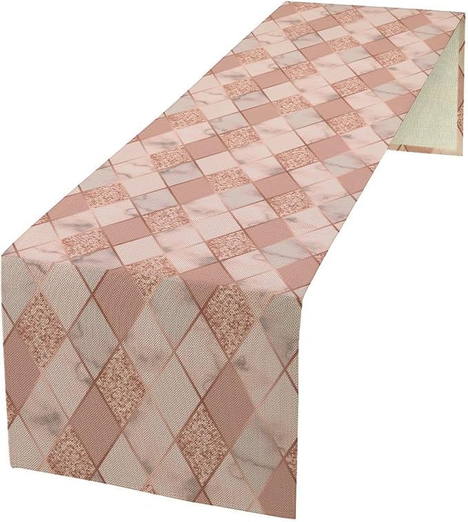 Marble Table Runner,Pink Gold Geometric Diagonal Marble Pattern Table Runner for Coffee Table Dining Room Table Bedroom Party Holiday Decor 13x120inch