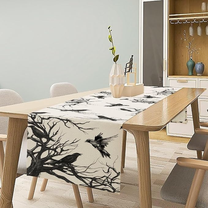 Silhouette Tree Crows Halloween Table Runner Branches Fall Kitchen Dining Table Decoration for Outdoor Home Party for Living Room Holiday Dinner Home 13x70in