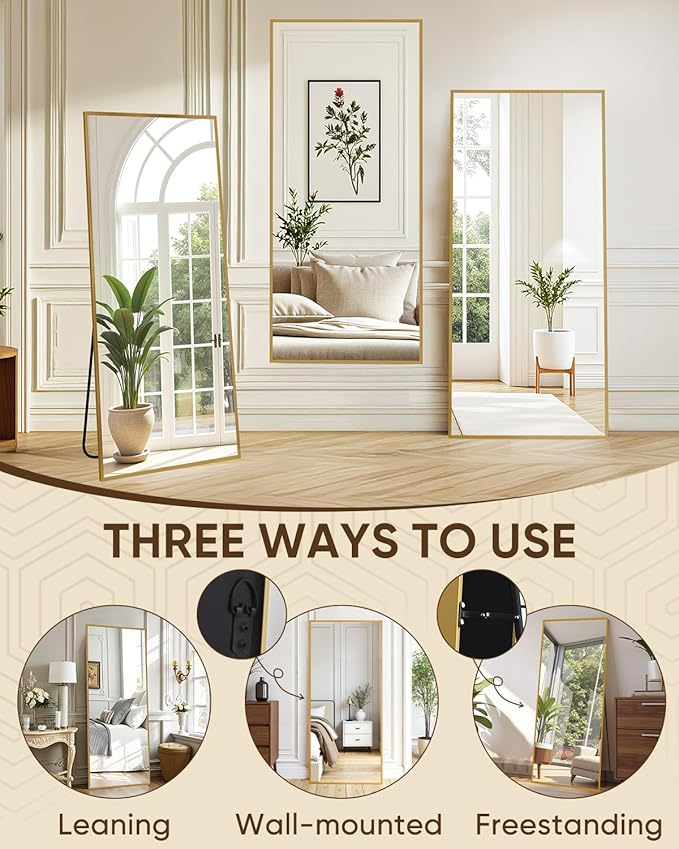 Antok Full Length Mirror, 71"x28" Floor Mirror, Floor Standing Freestanding Full Body Mirror with Stand for Bedroom, Hanging Mounted for Living Room Cloakroom, Gold