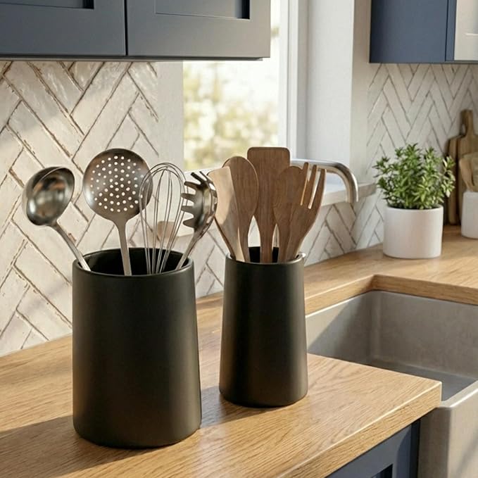 Utensil Holder – 7" Tall x 5.2" Diameter Kitchen Utensil Organizer for Countertop (Matte Black, 2 Pack)