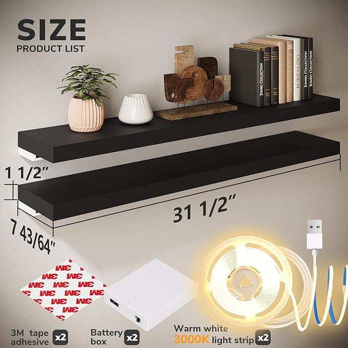 BAMEOS Floating Shelves with LED Light, Wall Mounted Wooden Shelves with Invisible Brackets, Set of 2, Hanging Wall Shelves for Bedroom, Bathroom, Living Room and Kitchen(31", Blcak)