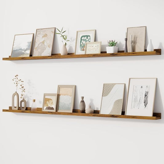 Fun Memories Floating Picture Ledge Shelves for Wall Set of 2, 55 Inches Picture Shelf with Ledge, Nursery Book Shelf for Storage Bookshelf Wall Mounted Living Room Bedroom Decor Frames, Rustic Brown
