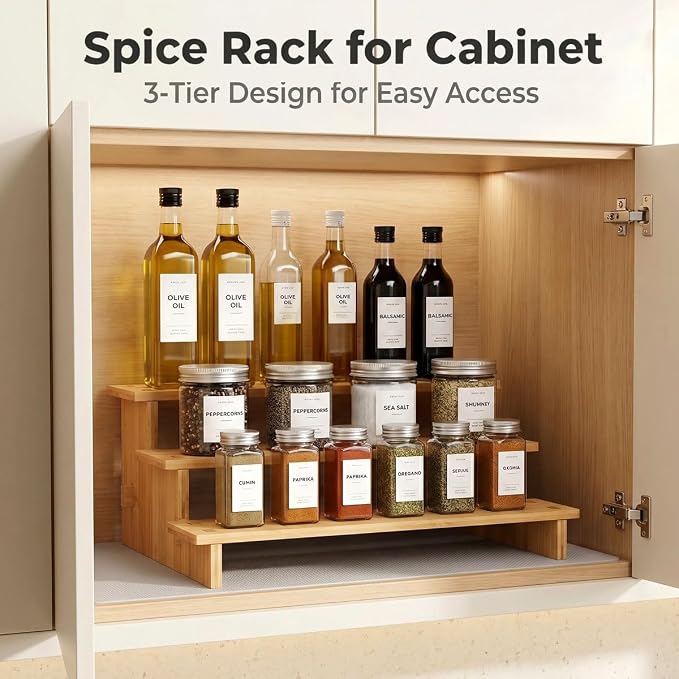 JinDoWin 3 Tiered Spice Rack Organizer for Cabinet,Spice Organization for Cabinet, Seasoning Organizer,Spice Shelf and Spice Organizer for Cabinet,Pantry Organizers and Storage (2 Pack, Medium)