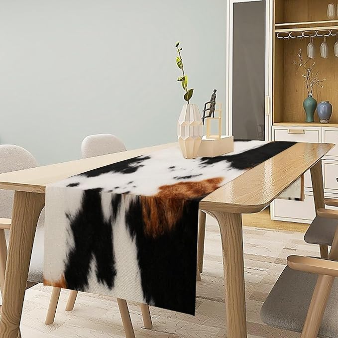 Cowhide Table Runne Vintage Cow Print 3D Rustic Theme Animal Fur Skin Farm Dining Table Decoration for Kitchen Dining Room Holiday Party Decor 13x60in