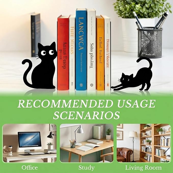 Sanwarm Metal Bookends Funny Cats Black Book Ends Decorative Bookend for Home Office Library Desk Book Shelves Decor, Gift for Reading Enthusiasts Non-Skid Book Stoppers Holder (1 Pair)