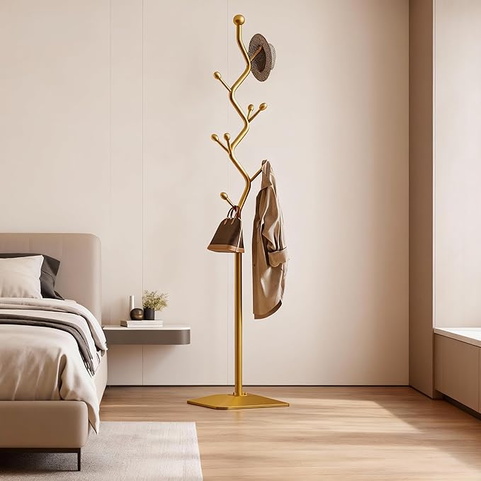 Sturdy Metal Coat rack Tree – Anti-Tip Design with 8 Hooks, Perfect for Home, Dorm, or Office Organization (gold)
