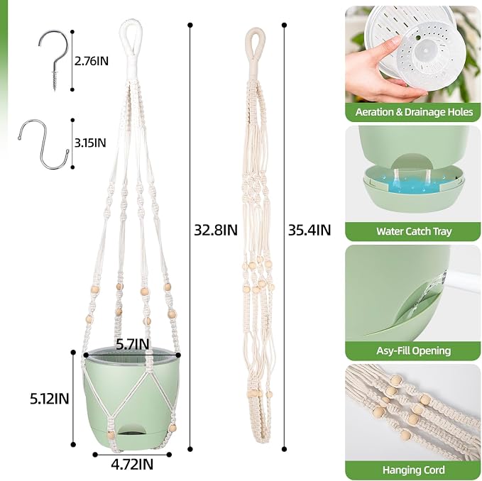 QCQHDU 2-Pack 5.7-Inch Macrame Self-Watering Hanging Planters, Pure Green | Small Plant Pots, Indoor & Outdoor, With Drainage, Two Sets of Hooks