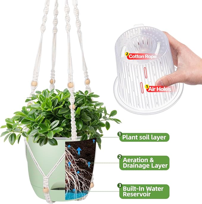 QCQHDU 2-Pack 5.7-Inch Macrame Self-Watering Hanging Planters, Pure Green | Small Plant Pots, Indoor & Outdoor, With Drainage, Two Sets of Hooks