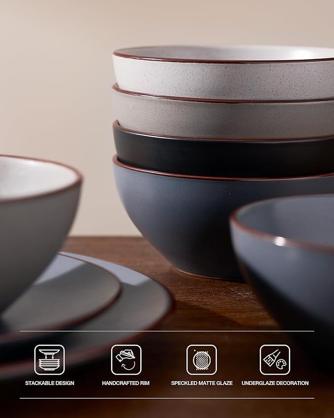 Famiware Venus Plates and Bowls Sets, 12 Pieces Stoneware Speckled Dishes Dinnerware Set for 4, Assorted Colors - Microwave & Dishwasher Safe, Modern Minimalist, for Everyday Meals & Formal Dining