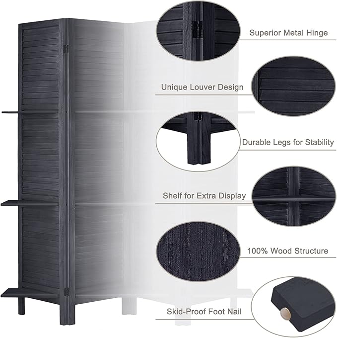 Room Divider with Shelves, Privacy Screen, Room Dividers and Folding Privacy Screens, 4 Panel Wood Temporary Wall Partition Separation Separator, Black