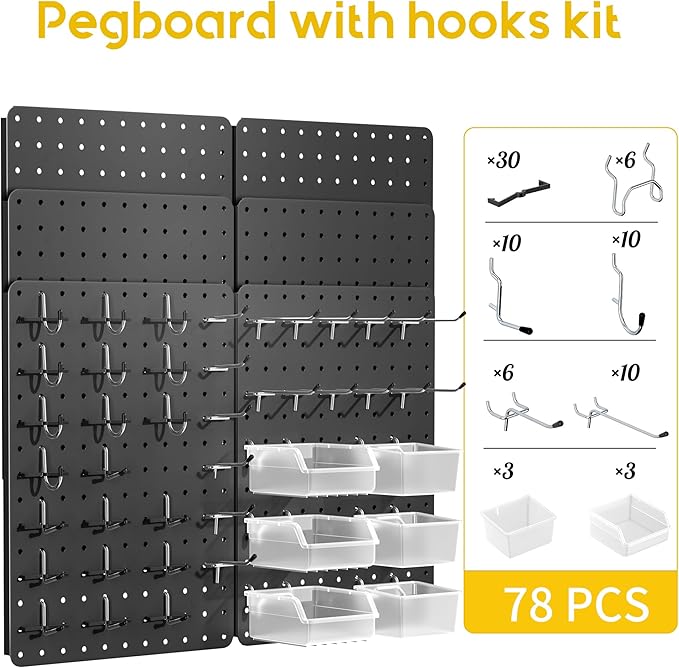 Peg Board for Tools, 6 Pack Metal Pegboard Wall Organizer with Hooks,16"×12" Black Pegboard Panels for Walls Home, Garage Tool Storage, Kitchen, Office Organization, Craft Room