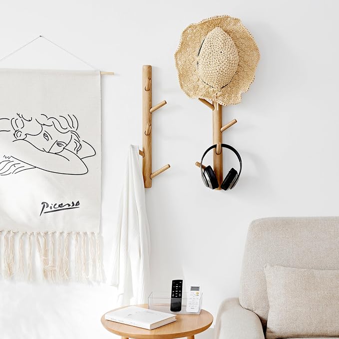 Vertical Coat Rack Wall Mounted - Height 20 Inches, Oak Wood Vertical Hat Rack for Wall with 5 Hooks, Modern Coat Rack Tree for Hanging Hats, Jackets, Bags in Entryway Bedroom Office