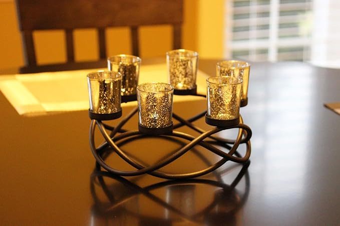 Seraphic Kitchen Table Centerpiece Decor, Tealight Candle Holder, Silver | Christmas Wedding & Event Decor, Round Patio Umbrella Centerpiece, Wrought Iron 6 Votive Holders, 10.5in Round