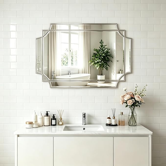 Geometric Beveled Mirror, 30" x 20" Silver Art Deco Mirror with Wood Frame, Rectangle Accent Wall Mirror for Bathroom, Entryway, Living Room, Bedroom, Horizontal or Vertical Hanging