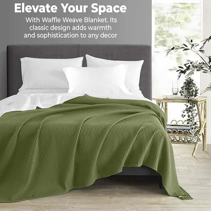 100% Cotton Blankets for Bed - Waffle Weave Blankets for Summer, Lightweight and Breathable Soft Woven Blanket for Spring (Olive Green, King (90" x 108"))