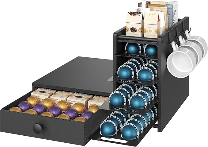 YATINEY Coffee Pod Drawer Holder, 4 Tier Holder for Vertuo, 72 Pods Large Capacity, Coffee Station Organizer with Storage Drawer and 3 Hooks, Black KH02BB