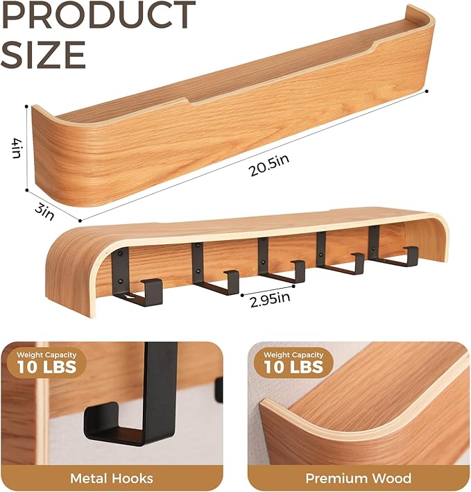 Coat Rack Wall Mount with Shelf Entryway Shelf Modern Key Holder Hanger Wall Shelves with Hidden Hooks for Hanging Towels Coats Hats Bags for Hallway Bathroom Bedroom (Oak, 5 Hooks)
