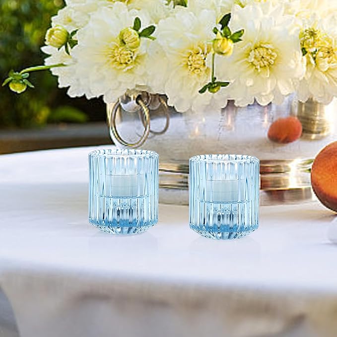 Reversible Blue Glass Candle Holder Set of 6, Thick Heat-Resistant Glass Candlestick Holders for Taper, Tealight, Votive, LED Candles, Perfect for Wedding, Party, Home Décor