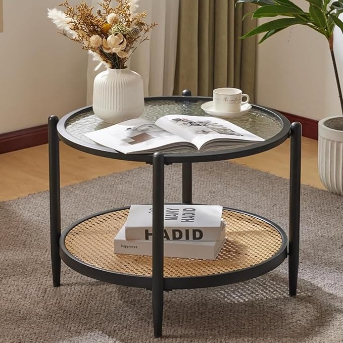 VINGLI 25.6" Black Rattan Modern Coffee Table with 2-Tier Storage, Round Water-Wave Glass Metal Center Table for Living Room and Small Space