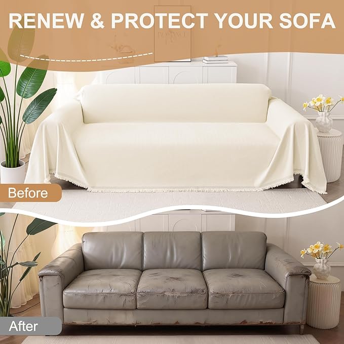 Smiry Couch Cover for Dogs, Washable Chenille Sofa Covers for 3 Cushion Couch, Soft Sofa Slipcover for Pets, Thick Sectional Furniture Protector with Tassels (Beige, 71x91 Inch)