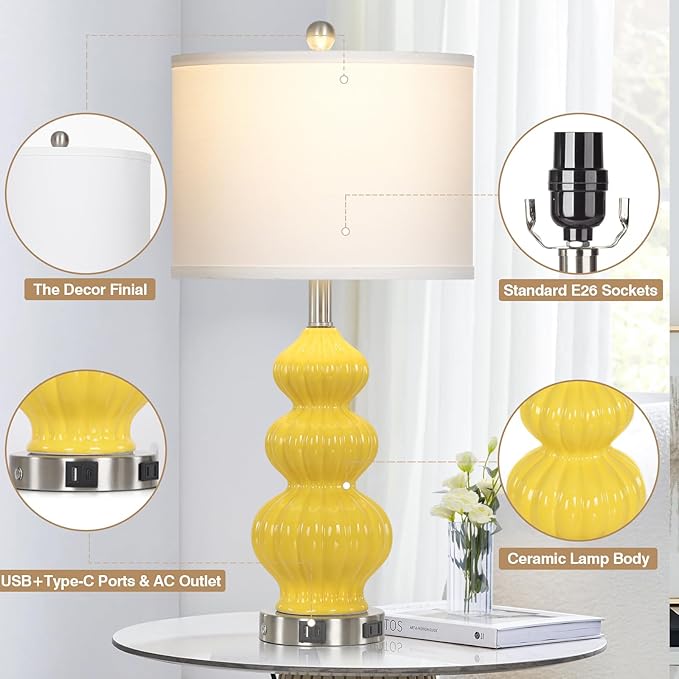Cinyirong 26" Set of 2 Yellow Ceramic Table Lamps with USB A+C Ports & AC Outlet, 3-Way Dimmable Gourd Bedside Nightstand Lamps with White Shade for Bedroom, Living Room, Office