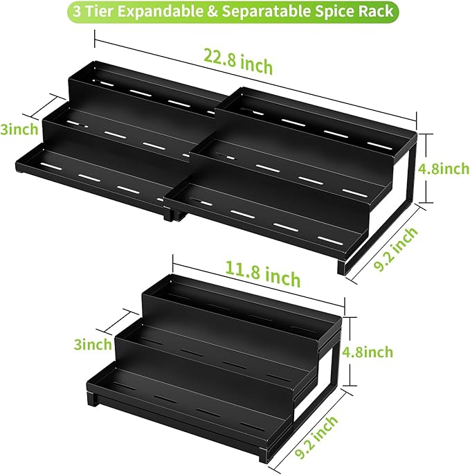 RCHYFEED Spice Rack Organizer for Cabinet, Set of 2 Metal 3 Tier Spice Rack 11.8"-22.8" Expandable Display Risers, Seasoning Organizer for Kitchen, Cabinet, Countertop, Pantry Spice Organizer