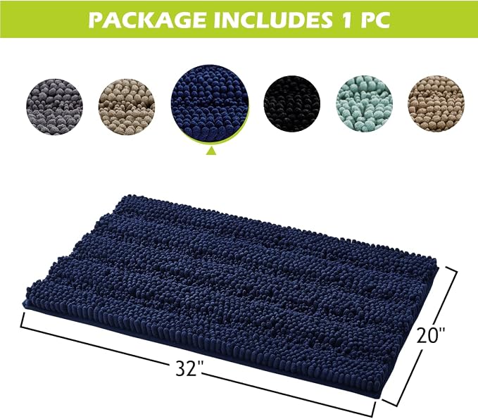 KGORGE Small Bathroom Rugs - Non Skid Absorbent 20" W x 32" L Kitchen Rugs and Mats Washable Microfiber for Bath Shower Indoor Outdoor Easy Wash Area Carpet, Navy Blue, 1 Piece