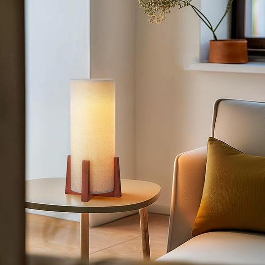 Modern Small Table Lamps, Nightstand Lamp with Linen Fabric Shade, 13.97" Cylinder Wood Base Bedside Table Lamp for Bedroom Office Living Room Home Decor