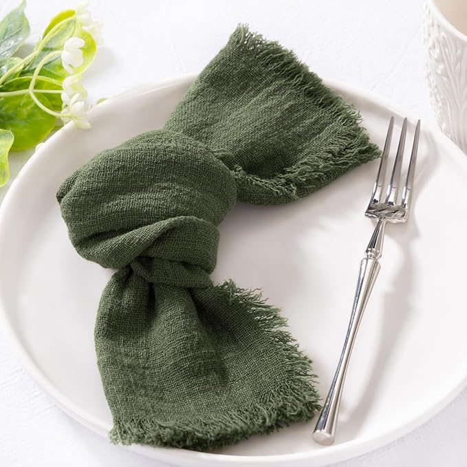 MLMC 10 Pack Olive Green Cloth Napkins with Fringe Boho Linen Napkins Washable Reusable Rustic Dinner Table Decor 17"×17" for Wedding Party Picnic Gathering Decor