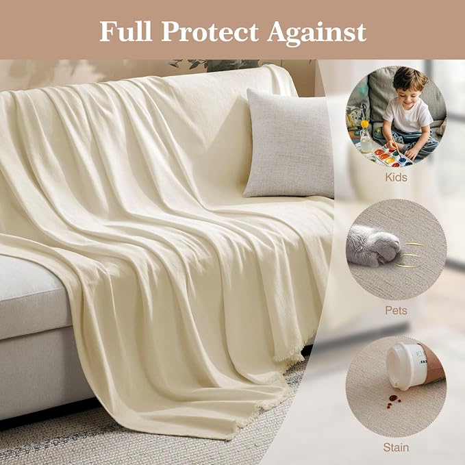 Couch Cover for Dogs Sectional Sofa Covers Washable for 2 Cushion Couch, Chenille Couch Cover Blanket, Sectional Sofa Slipcovers, Multi-Use Furniture Protector for Kids, Pets, 91" X118", Beige