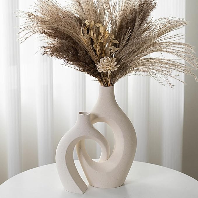 Snuggle Hollow XL Cream White Ceramic Vase Set of 2 for Coffee Table Decor, Modern Minimalist Aesthetic Donut Floral Vases, for Home Living Room Entryway Table Shelves Decorative (W 6.8" X H 11")