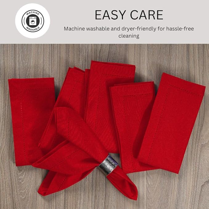 Hemstitch Cloth Dinner Napkins 100% Cotton Set of 6 - for Dining Special Occasions Weddings Parties Holidays Easter - Soft Durable Reusable - Elegant 18x18 Inch Table Cloth Napkins Red