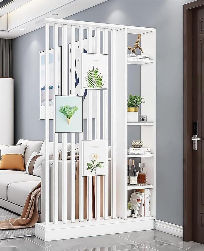 Wall Room Divider, Storage Cabinet Storage Display with Shelves, Modern Freestanding Wood Room Divider Screen, Wall Privacy Screens for Home Decorative (White+W,47" L x 9.5" W x 79.5" H)