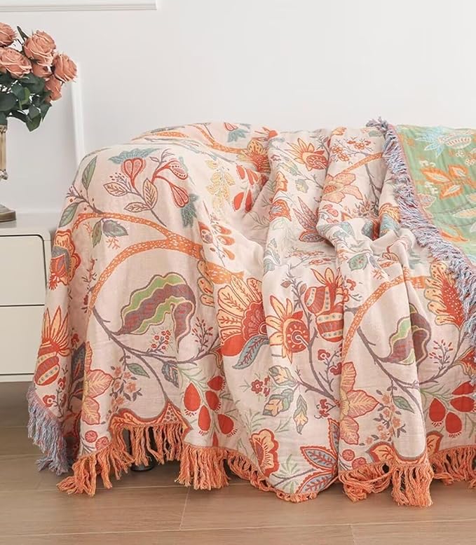 Boho Throw Blanket for Bed 100% Cotton Bohemian Blankets Ultra Soft Woven Muslin Decorative Blankets All Seasons Vintage Quilt Knitted Blanket for Sofa Chair(Orange, 50"x60")