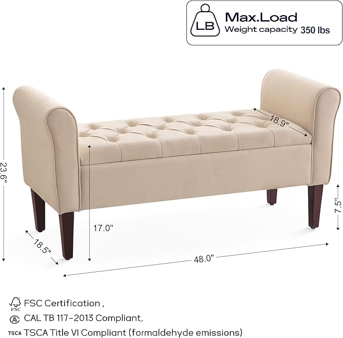 HUIMO 48" Arm Storage Ottoman with 7.5-inch Solid Wood Legs, Storage Bench, Upholstered Window Sitting Bench for Bedroom,End of Bed Bench Indoor, Livingroom, Entryway,Tan