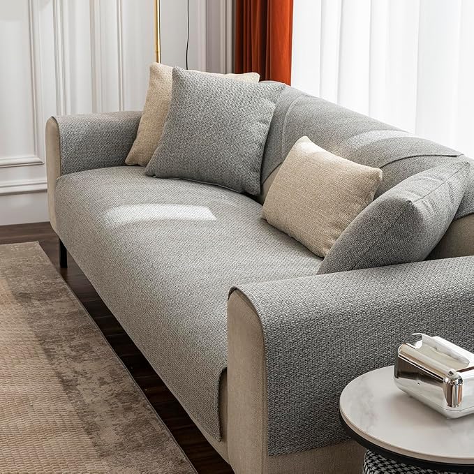 vctops Rustic Linen Textured Couch Sofa Cover Solid Color Non Slip Sectional Couch Covers Soft Sofa Slipcover for Dogs, Children, Pets Furniture Protector (Grey,36"x82")
