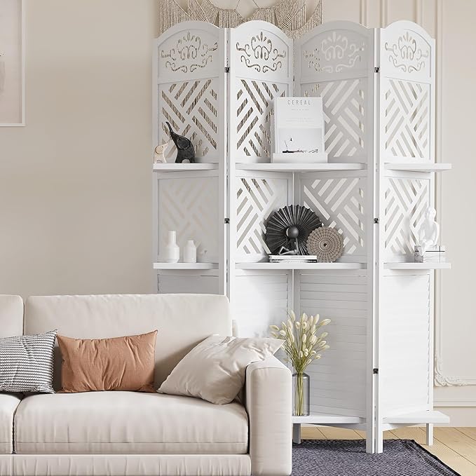 Room Divider with Shelves, 5.75ft Tall Folding Wood Carved Screen with Double Hinges for Home Office Bedroom Hotel Decoration (4 Panels, Pure White)