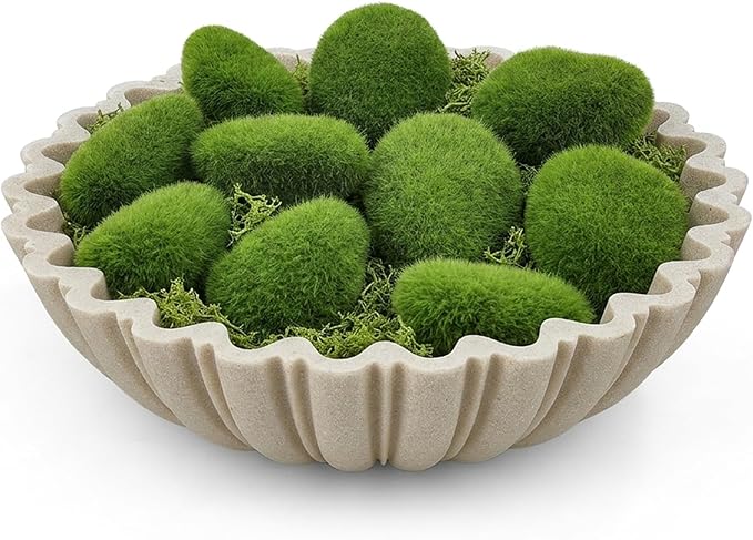Decorative Bowl Set for Home Decor, 10.6" Large Beige Scalloped Fruit Bowl for Coffee Table, Entryway Table or Kitchen Counter, with 10 Artificial Moss Rocks and Decorative Moss